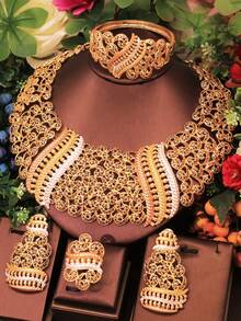 High Quality Classic Design Gold Plated Jewelry Set For Women Tricolor Necklace Earrings Bangle And Ring For Wedding Party Gift Or Daily Wear