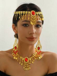 1 Set Glamorous Dance Earrings, Headdress, Necklace Combination, Shiny Gold Tassel Bridal Dance Accessories Set
