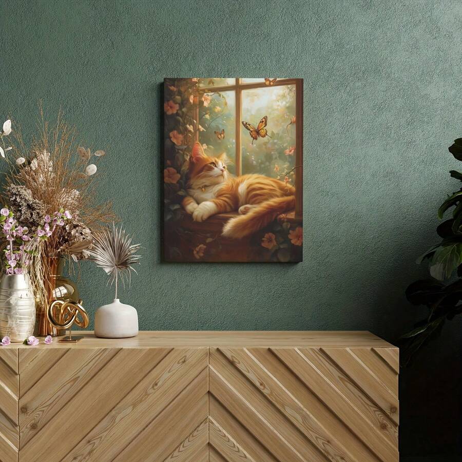 Arte de pared de lienzo con gato naranja y mariposas - 1 pieza de lienzo envuelto sin marco, impresión de gato con tema animal para decoración del hogar y la oficina, regalo ideal para amantes de los gatos y veterinarios - Multicolor - Ver 1