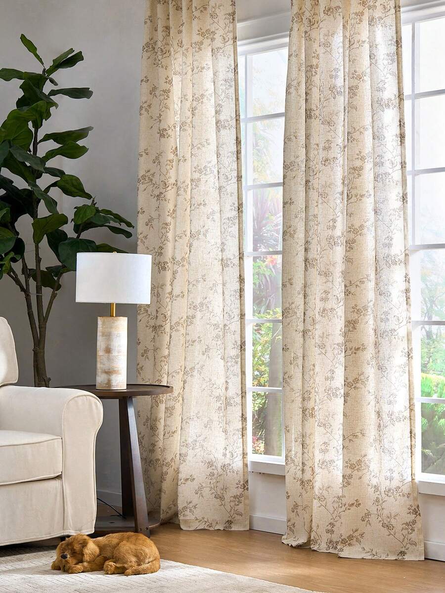 2 Pcs Beautiful Floral Design Sheer Curtains, Softness Cozy Privacy Curtains, Great Quality Elegant Vintage Gorgeous Curtains, Pretty Colors And Well Made Lightweight Curtains - 茶色 - 查看 1