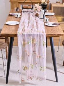 1pc Light Green Floral Embroidered Lace Table Runner, American Farmhouse Style Transparent Tulle Rectangular Tablecloth, Suitable For Weddings, Hotels, Daily Use, Holidays, Birthday Parties, Family Dinners, All Seasons