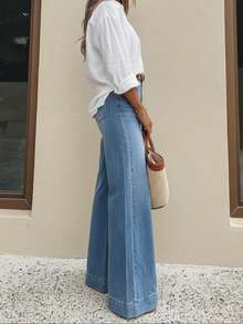 女士休闲阔腿牛仔裤，优雅时尚长款，带口袋，中等弹力水洗面料 - 中等水洗藍 - 查看 4