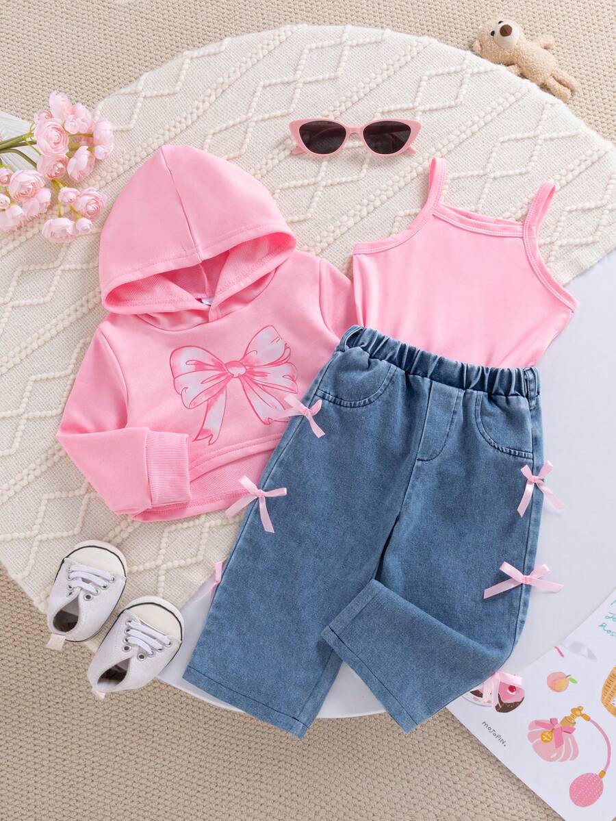 2-teiliges Set für Babymädchen: Süßer rosa Kapuzen-Sweatshirt mit Schleife & Träger-Top kombiniert mit Schleifenhose mit geradem Bein, modisches Outfit für Alltag, Outdoor, Schule, Pendeln, Urlaub, Fotografie