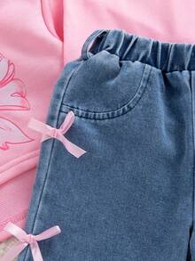 2-teiliges Set für Babymädchen: Süßer rosa Kapuzen-Sweatshirt mit Schleife & Träger-Top kombiniert mit Schleifenhose mit geradem Bein, modisches Outfit für Alltag, Outdoor, Schule, Pendeln, Urlaub, Fotografie