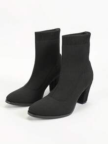 Women's Chunky Block High Heel Ankle Boots Pointed Toe Winter Dressy Short Booties - màu đen - Xem 7