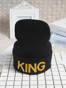 2pcs Black Unisex Knitted Hat With 'queen' And 'king' Embroidery, Ear Protection, Winter Street - Black - View 5