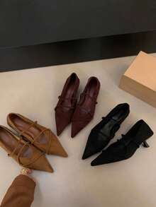 Zapatos de tacón de aguja tipo Mary Jane de ante retro francés de primavera 2025, zapatos de tacón de gatito para ir al trabajo y fiestas para mujeres - Marrón - Ver 7