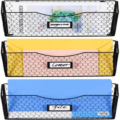 3 Pockets Hanging File Holder Wall Mount Mail Organizer Metal Chicken Wire Magazine Rack With Tag Slot, Black,21758978