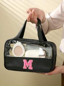 1个多功能PVC洗漱包，透明PVC化妆包，大容量化妆包，DIY字母设计化妆包，防水旅行收纳包，简约字母贴纸旅行化妆包，适用于化妆品、香水，适合海滩、学校、浴室、节日、母亲节、圣诞节等场合，是送给妈妈、家人、朋友的绝佳礼物，男女通用旅行洗漱包，浴室化妆包 - 黑色 - 查看 5