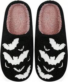 Cozy Plush Halloween Pumpkin Slippers, Non-Slip Fluffy Design - Black Bat - View 1