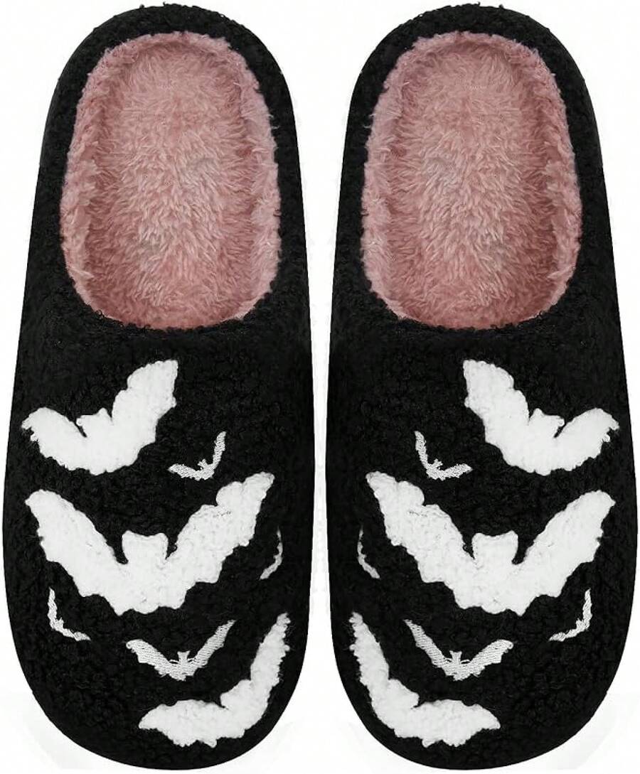 Cozy Plush Halloween Pumpkin Slippers, Non-Slip Fluffy Design - Black Bat - View 1