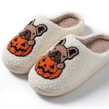 Cozy Plush Halloween Pumpkin Slippers, Non-Slip Fluffy Design - 白巴哥犬 - 查看 8