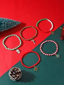 5pcs/Set Christmas Santa Claus & Snowflake Shaped Pendant Bracelets, Lucky Charm Jewelry Set, Christmas Gift - Rice Bead Set - View 2