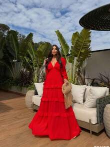 Women's Long Chiffon Dress With Long Sleeves, V-Neck, Ruffled Hem And Lining - Rojo - Ver 1