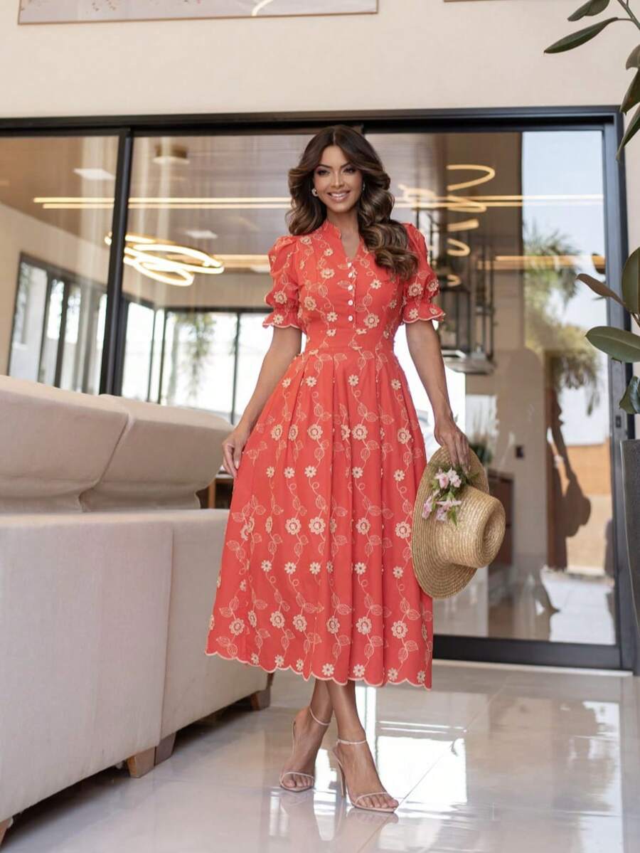 Elegant Midi Dress In 3D Embroidery, Lined, Princess Puff Sleeve, Ruffle Hem - 紅橙 - 查看 1