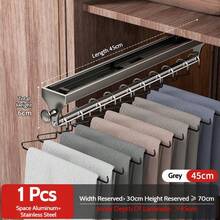 FOOKE 1pc Pull-Out Sliding Clothes Rack, Convenient And Fast, Multi-Functional Wardrobe Storage, With Painted Metal Clothes Hanger, Heavy Duty Adjustable Closet Hanging Rod, Space-Saving Aluminum Alloy Clothes Rack Rail, Suitable For Bedroom Closet, Apartment, Dorm - Grey - View 12