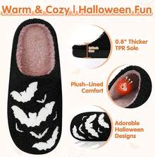 Cozy Plush Halloween Pumpkin Slippers, Non-Slip Fluffy Design - Black Bat - View 2
