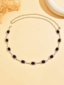 1件复古时尚个性金属花卉做旧微镶红色仿宝石几何圆盘腰链。精致的设计感，不对称纹理银色腰带、裙链、裤链。适合女性日常穿着和派对（手工链条可能有轻微瑕疵） - 銀色 - 查看 4