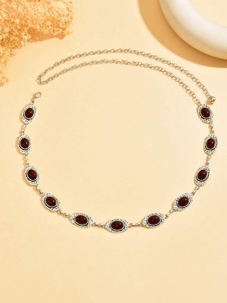 1pc Vintage Fashionable Personalized Metal Floral Distressed Micro-Inlaid Red Faux Gemstone Geometric Round Disc Circular Waist Chain. Intricate Design Sense, Asymmetric Textured Silver-Tone Waist Belt, Skirt Chain, Pants Chain. Suitable For Women's Daily Wear And Parties (Handmade Chain May Have Minor Flaws) - Silver - View 4