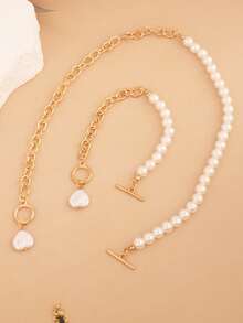 2pcs Fashion Simple Fashion Temperament Faux Pearl Bead Necklace Bracelet Jewelry Set OT Buckle Heart Pendant Suitable For Party Dating Gathering Party Matching Clothing To Wear