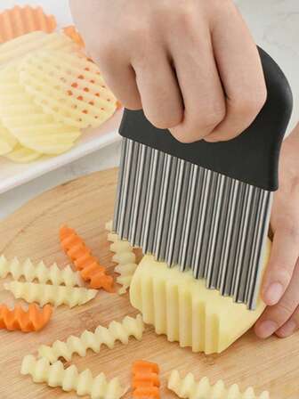 1pc Stainless Steel Wavy Slicer - Multifunctional Potato, Carrot And Vegetable Cutting Tool, Ergonomic Handle, Stainless Steel Blade + ABS, Non-Slip Design + , One-Piece Design For Easy Cleaning, Manual Operation For Even Slicing, Stainless Steel Wavy Knife, Kitchen Tool For Cutting Wavy Potatoes, Household Potato Slicer