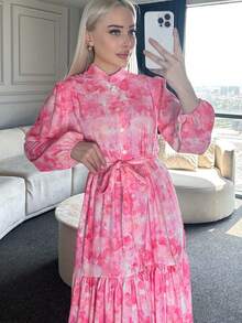 Patterned Belted Hijab Long Dress Pink 525-1 - Pink - View 2