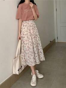 Falda larga de mujer plisada con estampado floral vintage, falda corta coreana, ropa de calle, falda midi, cintura elástica y cordón, falda halter de mujer - Albaricoque - Ver 6