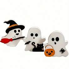 1 Set Cute Ghost Halloween Decorations, Wooden Tiered Tray Decor Set, 3pcs Black Cat, Bat, Broom Plates, Pumpkin Blocks, Suitable For Party, Home Display Shelf Decor