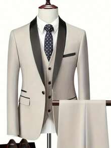 Men's Suit Elegant Men's Three-Piece Suit, Suitable As A Wedding Suit Or Business Suit. It Includes A Shawl Collar Suit Jacket, A Waistcoat And Matching Trousers, Featuring A Business Casual Style With A Solid Color, Simple And Sophisticated Design. Ideal For Occasions Such As Daily Casual Wear, Holiday Events, Business Settings, Weddings, Dances, And Commuting To Work, It Also Makes An Excellent Gift For Boyfriends Or Husbands. - 米色 - 查看 2