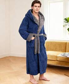 Mens Robe With Hood, Big And Tall Plush Fleece Long Robe For Men Full-Length Bathrobe Cozy And Warm With Pockets