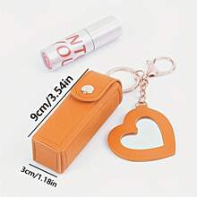 Solid Color Long Lipstick Makeup Bag + Heart-Shaped Small Mirror Pendant] Lipstick Storage Tool, Mini Lip Balm Organizer For On-The-Go Touch-Ups, Travel-Friendly Gift For, Faux Leather Coin Purse, Keychain Storage Bag - 紅色 - 查看 7