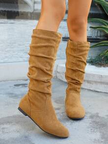 Damskie botki z plisowaną cholewką ze sztucznej skóry, uniwersalny styl z ozdobnym zamkiem błyskawicznym z boku, odpowiednie do strojów jesienno-zimowych i codziennych, kolor czarno-brązowy, miękkie i wygodne, pasujące do wielu stylizacji