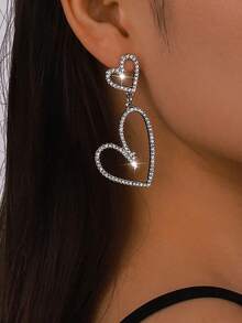 "1 Pair Silver & Gold Heart Shaped Earrings For Women – Fashionable Vintage Rhinestone Dangle Stud Jewelry, Elegant & Luxurious Charm Accessory, Perfect For Daily Wear, Parties, Valentine's Day, Anniversary, Mother's Day & Gift For Mom, Wife Or Friends" - 銀色 - 查看 5