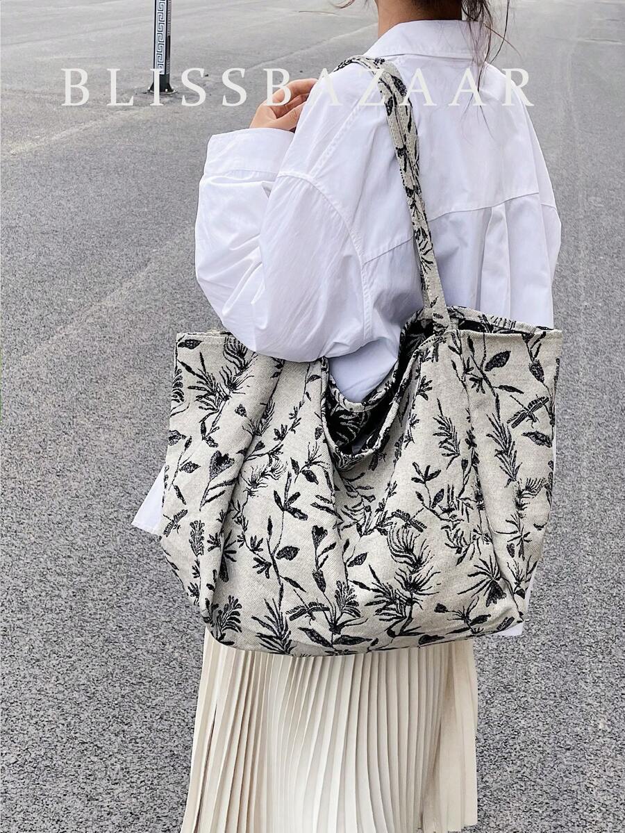 植物图案单肩手提包 返校,经典休闲,适合少女、女大学生购物、户外、旅行、郊游 - 彩色 - 查看 1