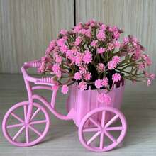 1pc Plastic Mini Bicycle Basket Artificial Potted Plant Desktop Decor, Simulated Green Plant, Suitable For Room Decoration - Pink - View 5