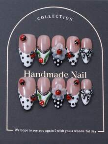 10片/套，按压式美甲贴片，杏仁形甲帽，3D立体雕刻，手绘波点和蝴蝶结。奢华纯手工装饰美甲。提升时尚感。Y2K风格。优雅大气。适合女性和女孩佩戴。手工按压式美甲贴片。 - 彩色 - 查看 2