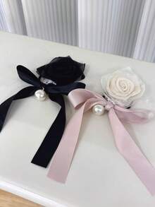 1pc Rose Bow Elegant Polyester Hair Scrunchie, Versatile French Style Pearl Bow Hair Tie Ponytail Holder For Women ,Ponytail Holders ,Hair Elastics ,Hair Rubber Bands ,Scrunchies ,Hair Rope ,Elastic Hair Tie - Multicolor - View 4