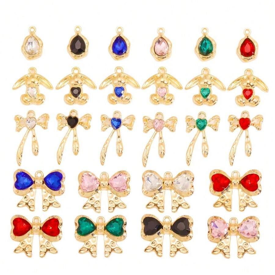 10pcs Mixed Shiny Colorful Heart, Crystal, Bow, Rabbit, Water Drop Elegant Alloy Pendants, Charms For Necklace, Earrings, DIY Jewelry Making - Gold - View 1