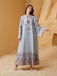 Elegant Women's Long Sleeve V-Neck Arabic Dress, Made Of Embellished Woven Fabric With Slight Stretch - NC13 - View 2