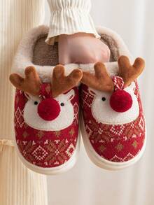 Pantuflas de felpa cálidas con puntera redonda con diseño de reno de dibujos animados, pantuflas interiores lindas con renos, regalo de Navidad a la moda