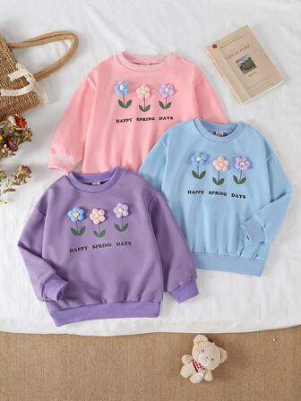 3 件套年轻女孩圆领运动衫，新款时尚花卉和字母印花可爱套头连帽衫，适合春秋季