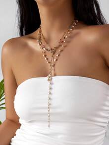 Set 3 buc colier cu pandantiv metalic în formă de cruce multistrat sexy, colier elegant cu perle false în formă de Y pentru femei, potrivit pentru cadouri de zi cu zi, petrecere, sărbători