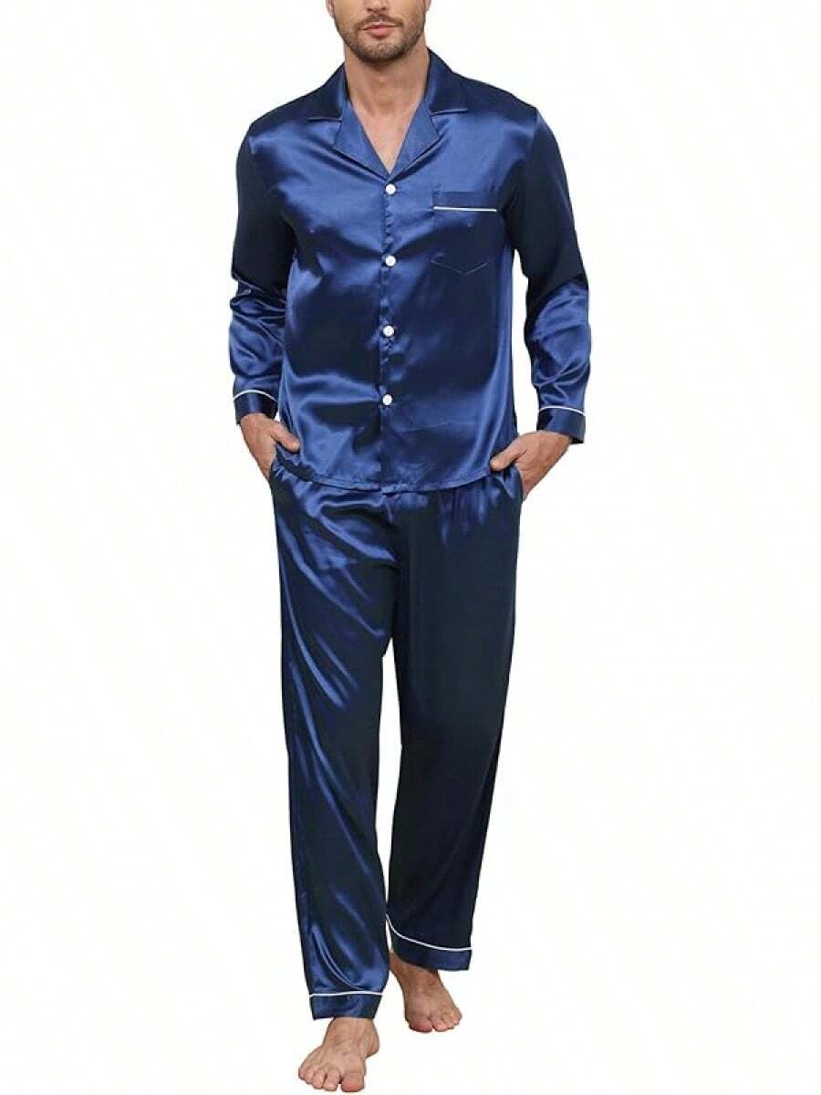 BigKing Conjunto de Pijama de satén de Seda para Hombre, Conjunto de Pijama para Hombre, Suave, Manga Larga, Abotonado - Burdeos - Ver 1