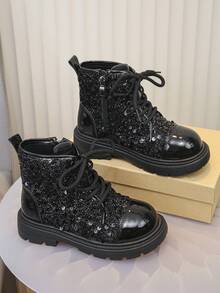 1 par de botas de cuero brillante y elegantes para niños y niñas, botas cálidas para exteriores, botas casuales para niños pequeños, botas para todas las estaciones