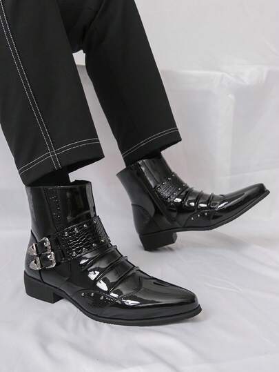 男士亮面尖头靴，复古休闲双扣铆钉商务休闲皮鞋