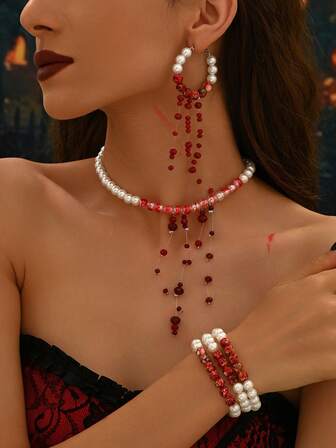 Conjunto de collar, aretes y pulsera con estilo gótico exagerado, con gotas de sangre, borlas y perlas para Halloween, regalo creativo para mujeres (el collar, los aretes y las perlas con borlas se colocan de forma aleatoria)