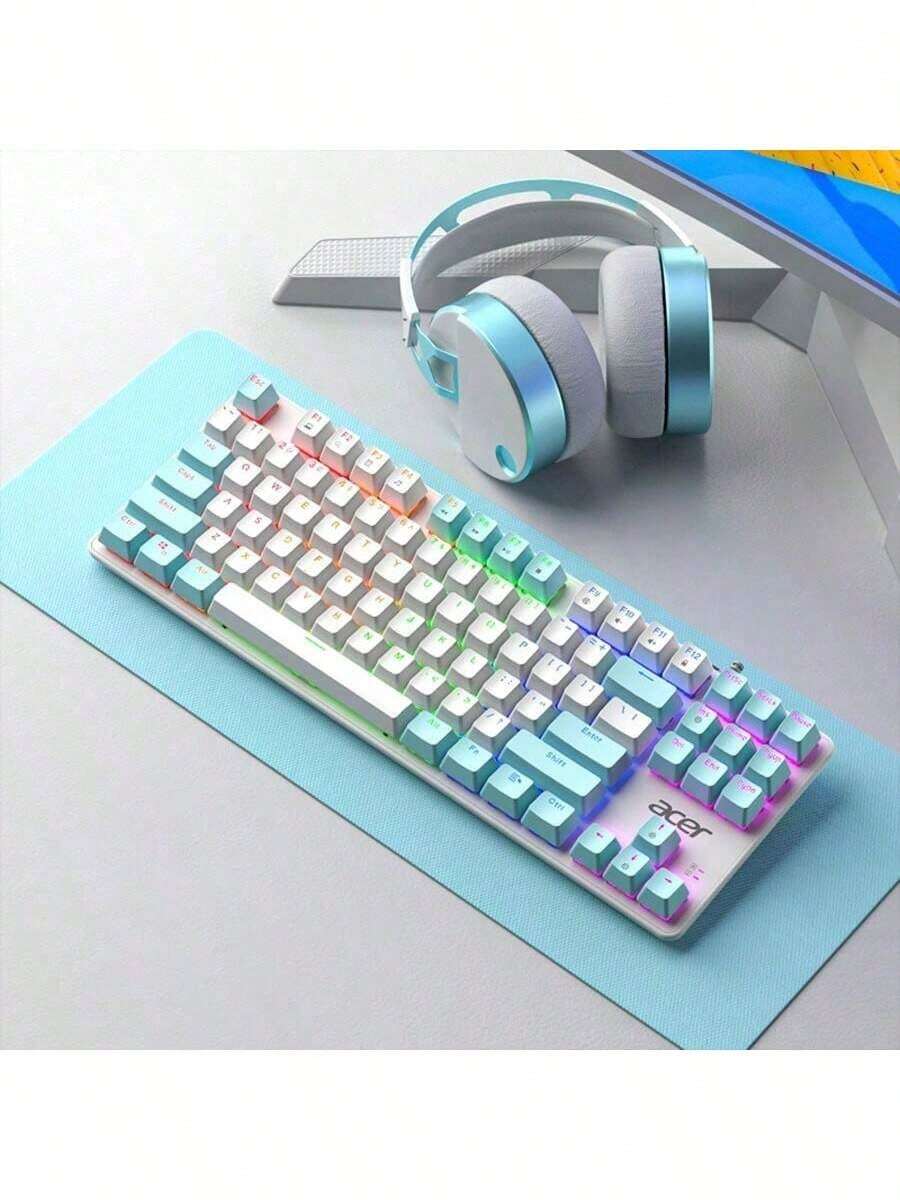 Acer OKW132 Split Mechanical Keyboard, 87-Key Compact Layout, Silicone Keycaps, Full-Key Anti-Ghosting, Splash-Proof Design, Long Battery Life, Smart Switching, Ergonomic And Comfortable Experience, White And Blue - White and Blue - View 1