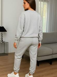 Conjunto de pants  Sudadera y pantalón  Felpa suave  Cuello redondo Estilo cómodo  Conjunto deportivo - Gris - Ver 4