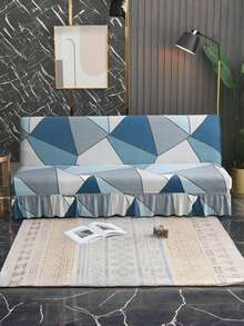 1pc Geometric Pattern Sofa Bed Cover, Armless Minimalist Style, Made Of Polyester Fiber, Suitable For All Seasons - Blue and White - View 5