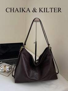 1 chiếc túi đeo vai CHAIKA & KILTER bằng da PU màu trơn, túi hobo cỡ lớn phong cách vintage thường ngày dành cho nữ, trang trí quai xách bằng khoen, dây đeo vai có thể điều chỉnh, khóa kéo, phù hợp cho mua sắm và đi làm hàng ngày. - Cà phê - Xem 9